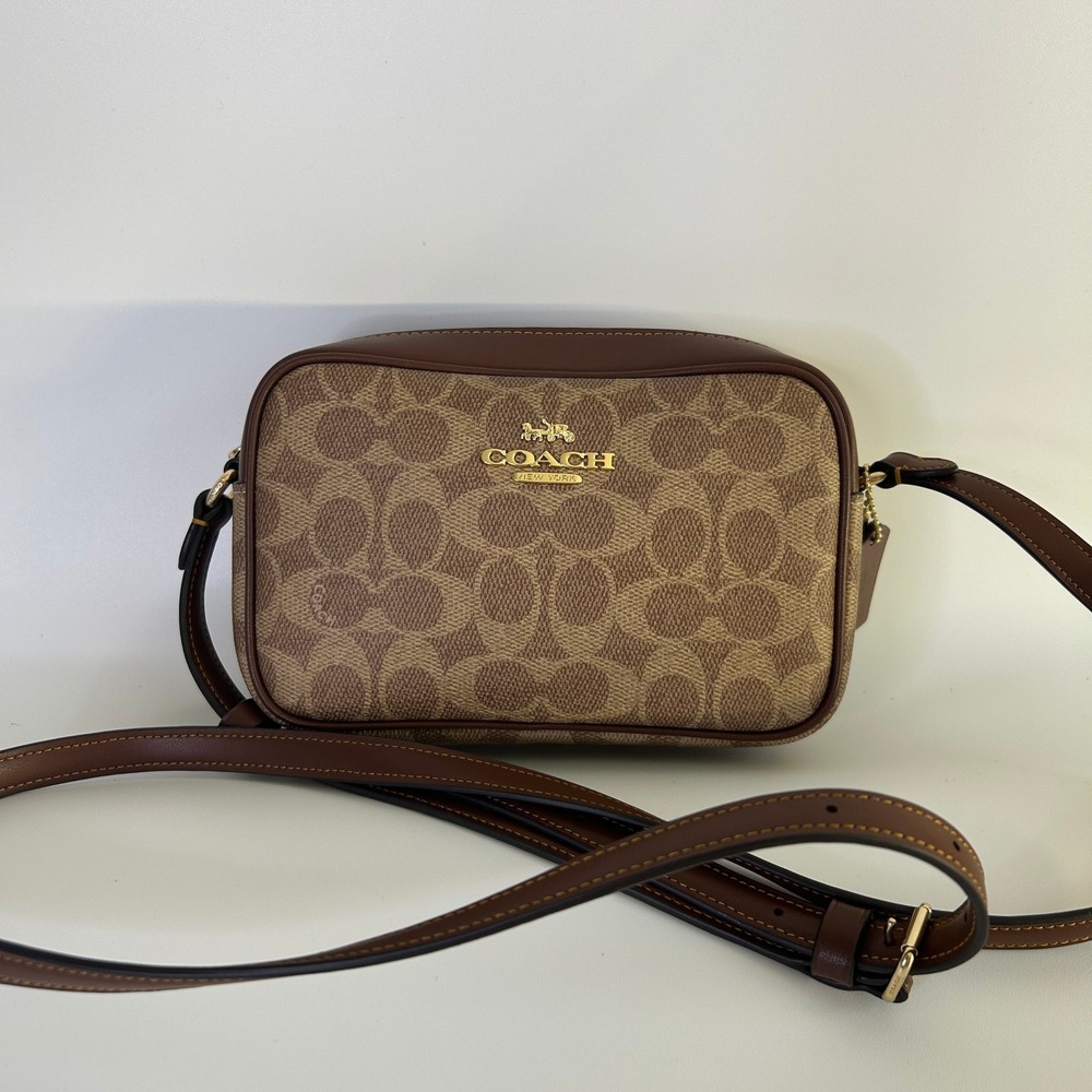 Coach Mini Jamie Camera Bag Brown Signature Canvas Crossbody Excellent